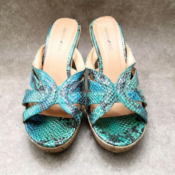 Fashion Bug Womens Snake Sz 9.5 M Blue Open Toe Slide 4" Wedge Sandals - Picture 2 of 12